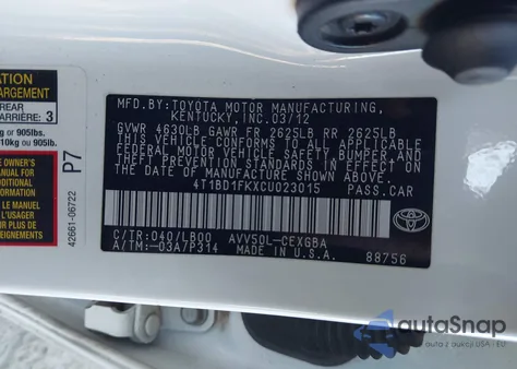 2012 Toyota Camry Hybrid Xle z USA, uszkodzony, nr VIN 4T1BD1FKXCU023015